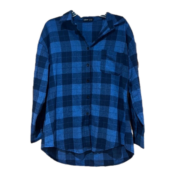 SHEIN Oversized Blue Flannel Plaid Button Down Shirt - Picture 1 of 3